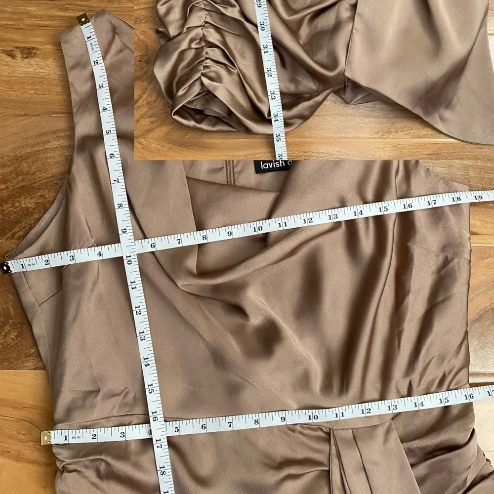 Bronze Satin Mini Cocktail Party Dress Wedding Draped Sash Cowl Ruch Sexy NYE 12